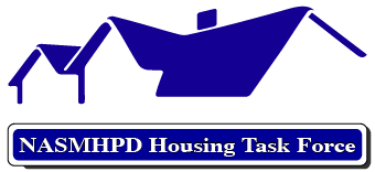 Graphic silhouette of a house's roof line above text reading, NASMHPD Housing Task Force.